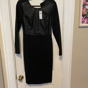 NWT Black long sleeve dress with faux leather top portion BCBG